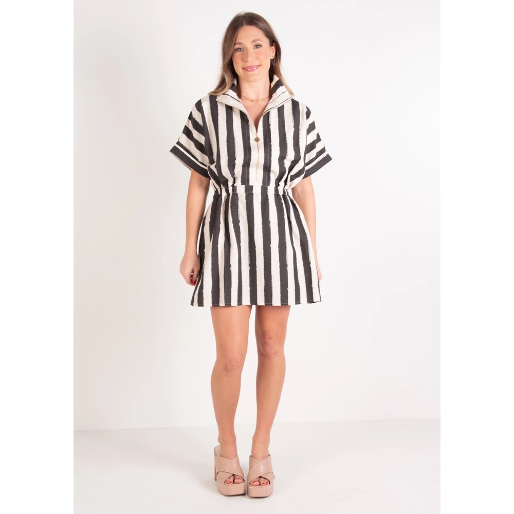 Emily McCarthy Stripe‎ Noir Mini Dress Linen Blend Half Zip Black Cream Small